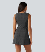 Round Neck Sleeveless Houndstooth Plaid Mini Work Dress — Charcoal Black Houndstooth Plaid — view 2
