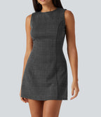 Round Neck Sleeveless Houndstooth Plaid Mini Work Dress — Charcoal Black Houndstooth Plaid — view 5