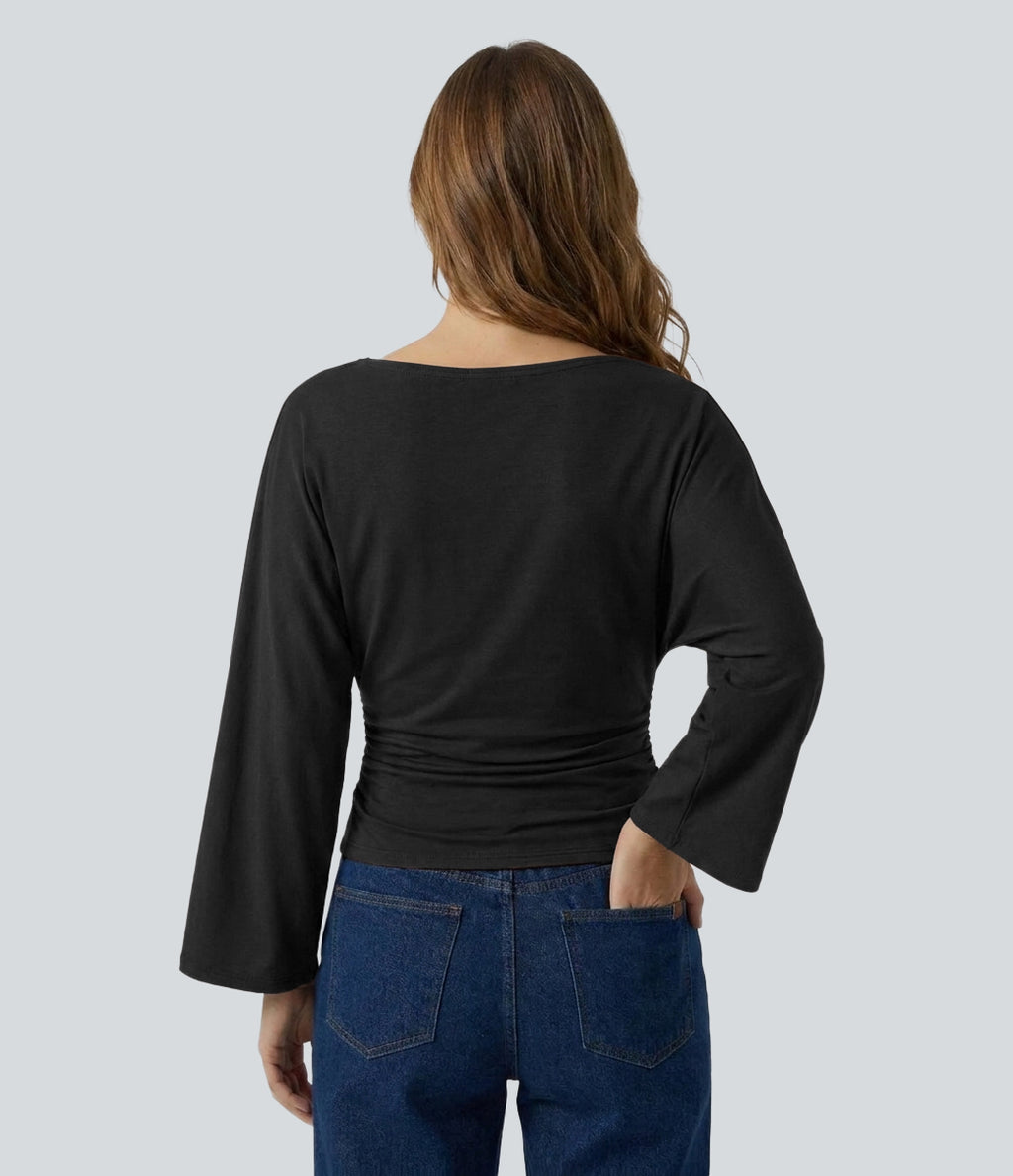 Boat Neck Flounce Long Sleeve Ruched Curved Hem Casual Top — Black — additional view