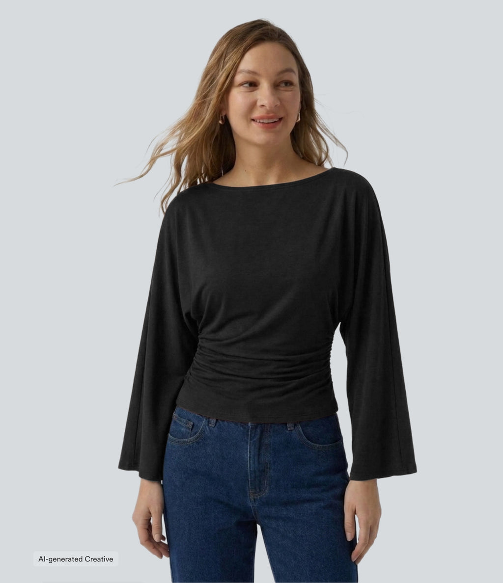 Boat Neck Flounce Long Sleeve Ruched Curved Hem Casual Top — Black — additional view