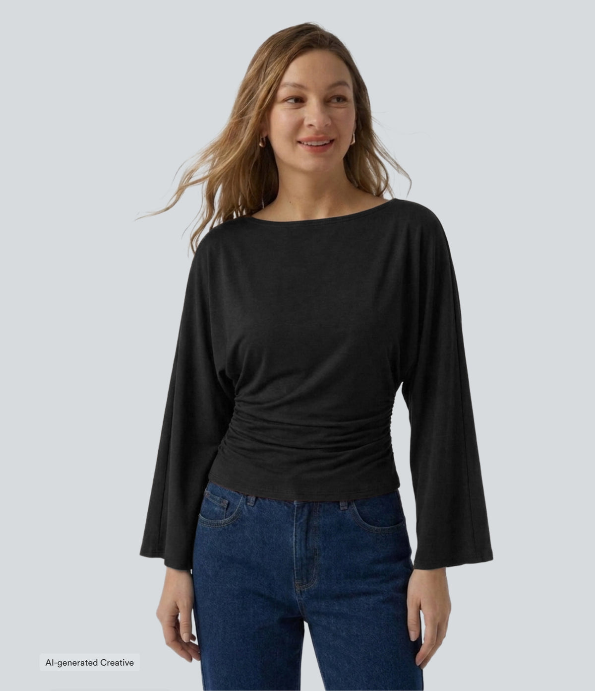 Boat Neck Flounce Long Sleeve Ruched Curved Hem Casual Top — Black — additional view