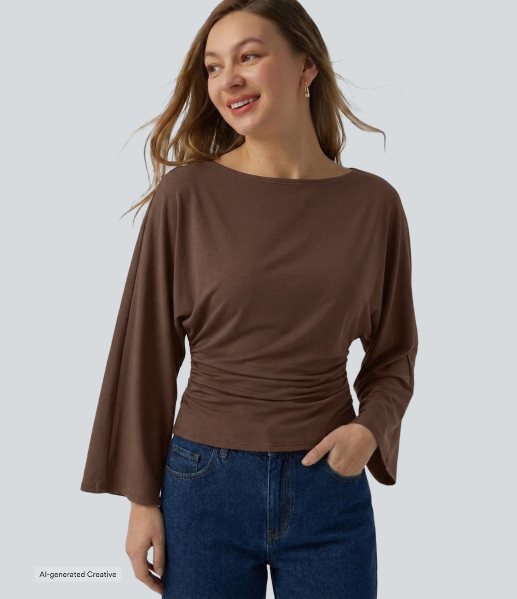 Boat Neck Flounce Long Sleeve Ruched Curved Hem Casual Top — Partridge — view 1