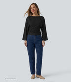 Boat Neck Flounce Long Sleeve Ruched Curved Hem Casual Top — Black — additional view