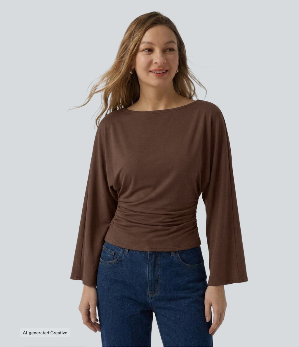Boat Neck Flounce Long Sleeve Ruched Curved Hem Casual Top — Partridge — view 3