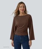 Boat Neck Flounce Long Sleeve Ruched Curved Hem Casual Top — Partridge — view 3