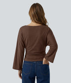 Boat Neck Flounce Long Sleeve Ruched Curved Hem Casual Top — Partridge — view 2