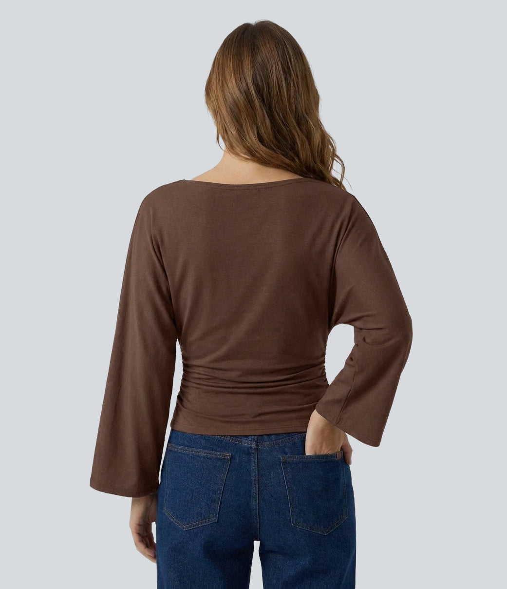 Boat Neck Flounce Long Sleeve Ruched Curved Hem Casual Top — Partridge — view 2