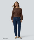 Boat Neck Flounce Long Sleeve Ruched Curved Hem Casual Top — Partridge — view 4
