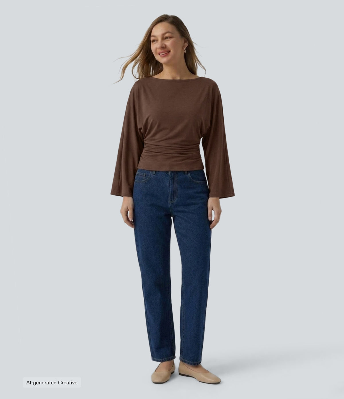 Boat Neck Flounce Long Sleeve Ruched Curved Hem Casual Top — Partridge — view 4