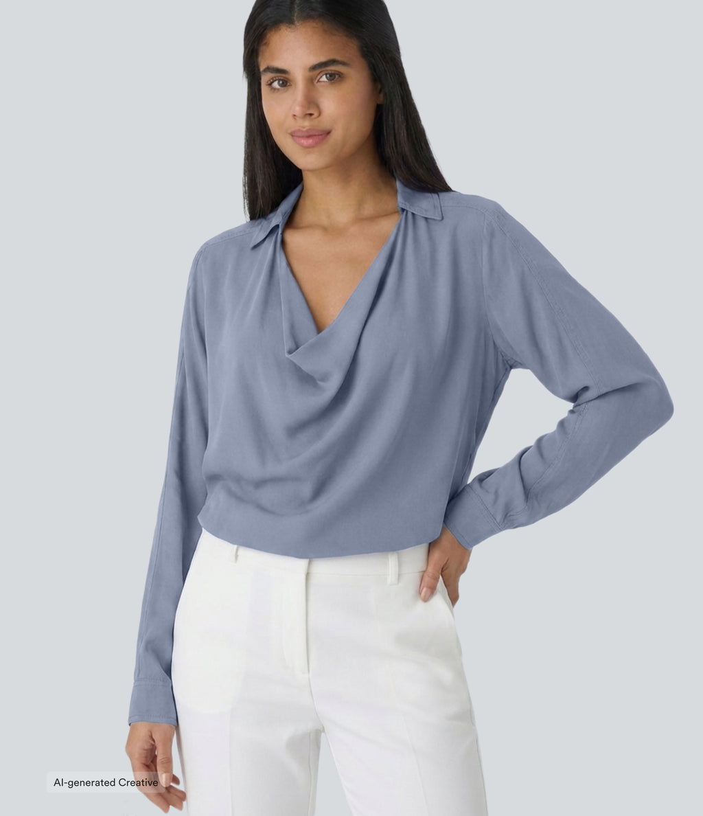 Cowl Neck Long Sleeve Casual Top — Blue Blizzard — view 1