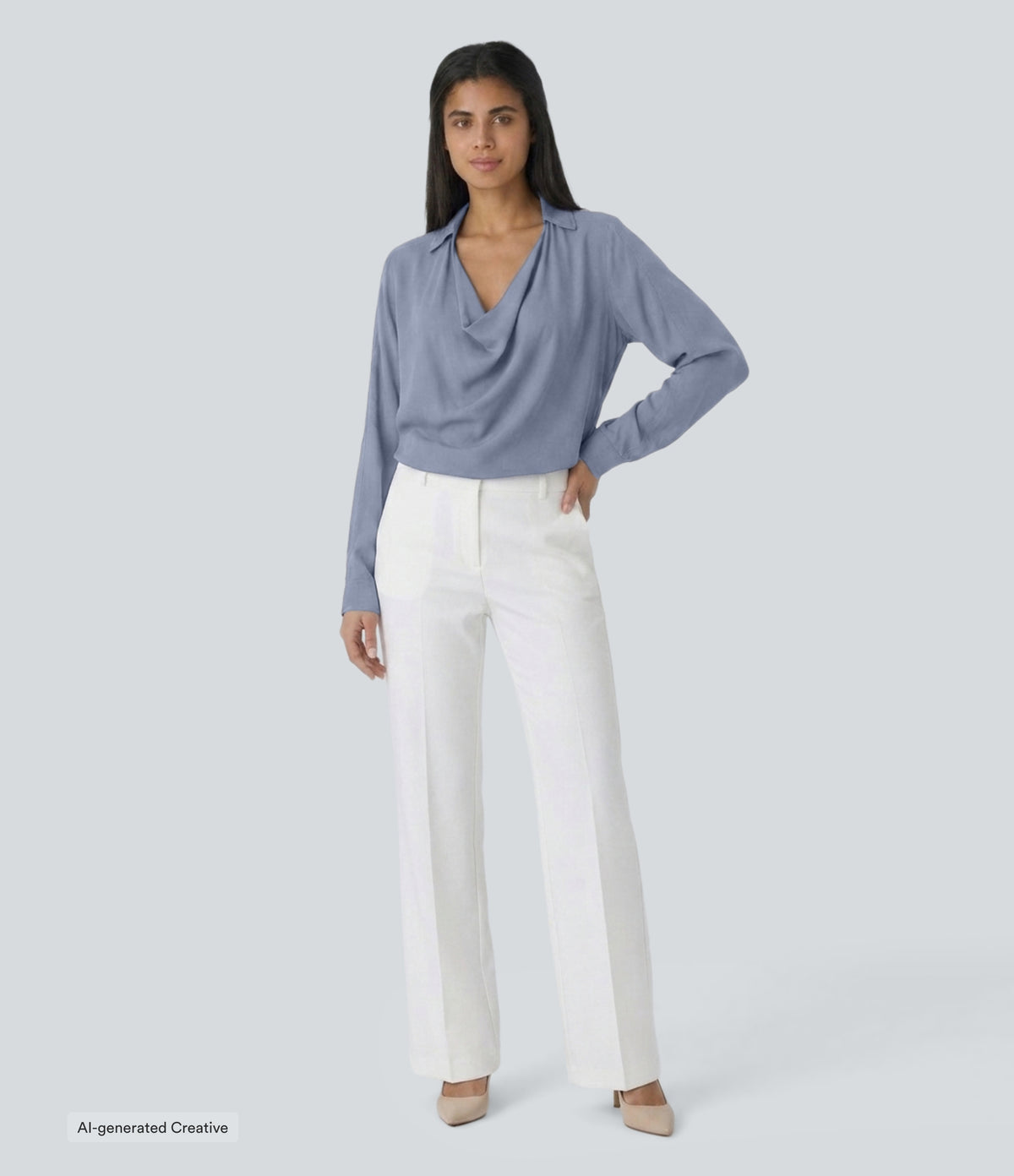 Cowl Neck Long Sleeve Casual Top — Blue Blizzard — view 5