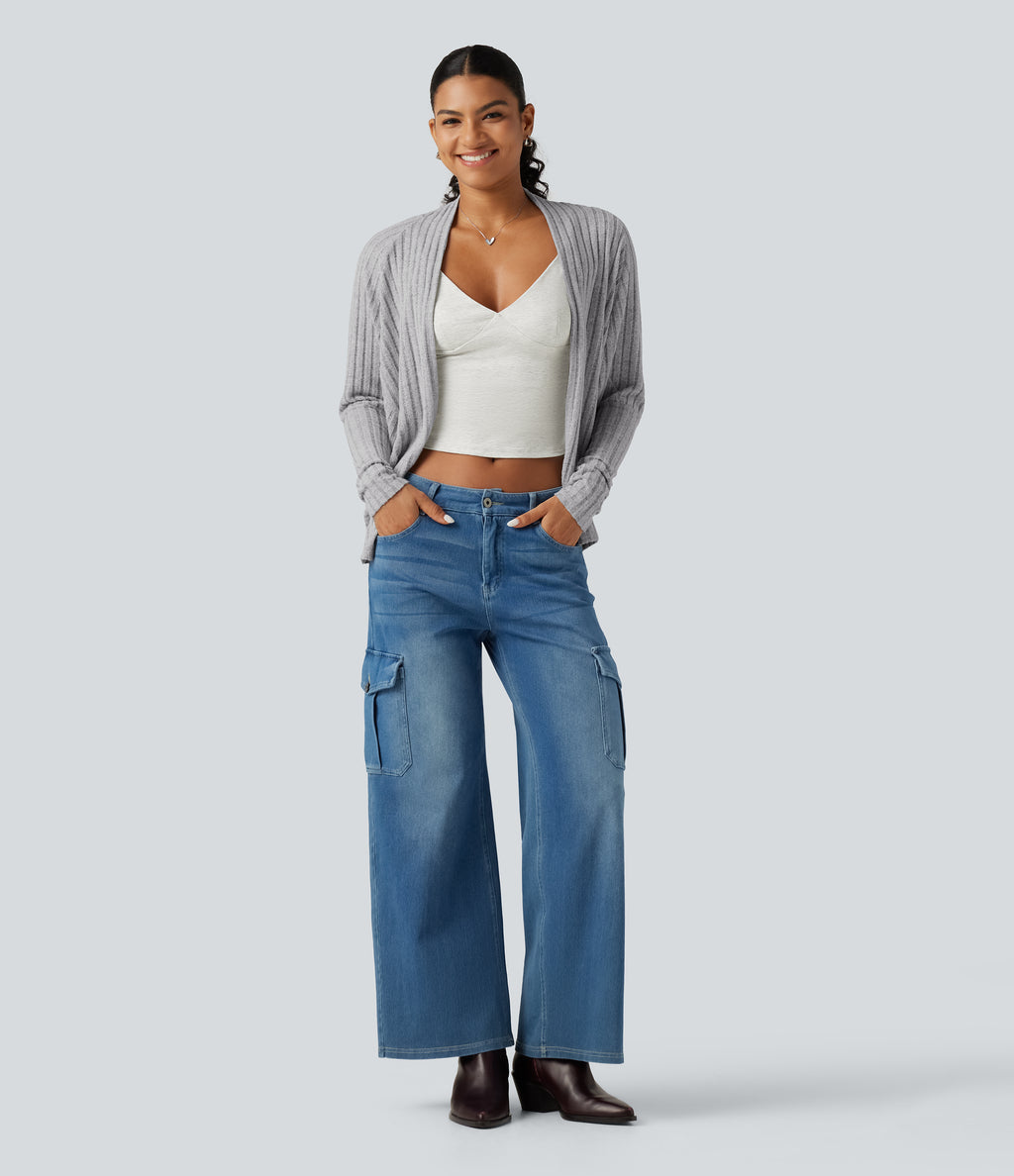 Ribbed Knit Open Front Batwing Long Sleeve Casual Cardigan — Frosted Slate — view 6