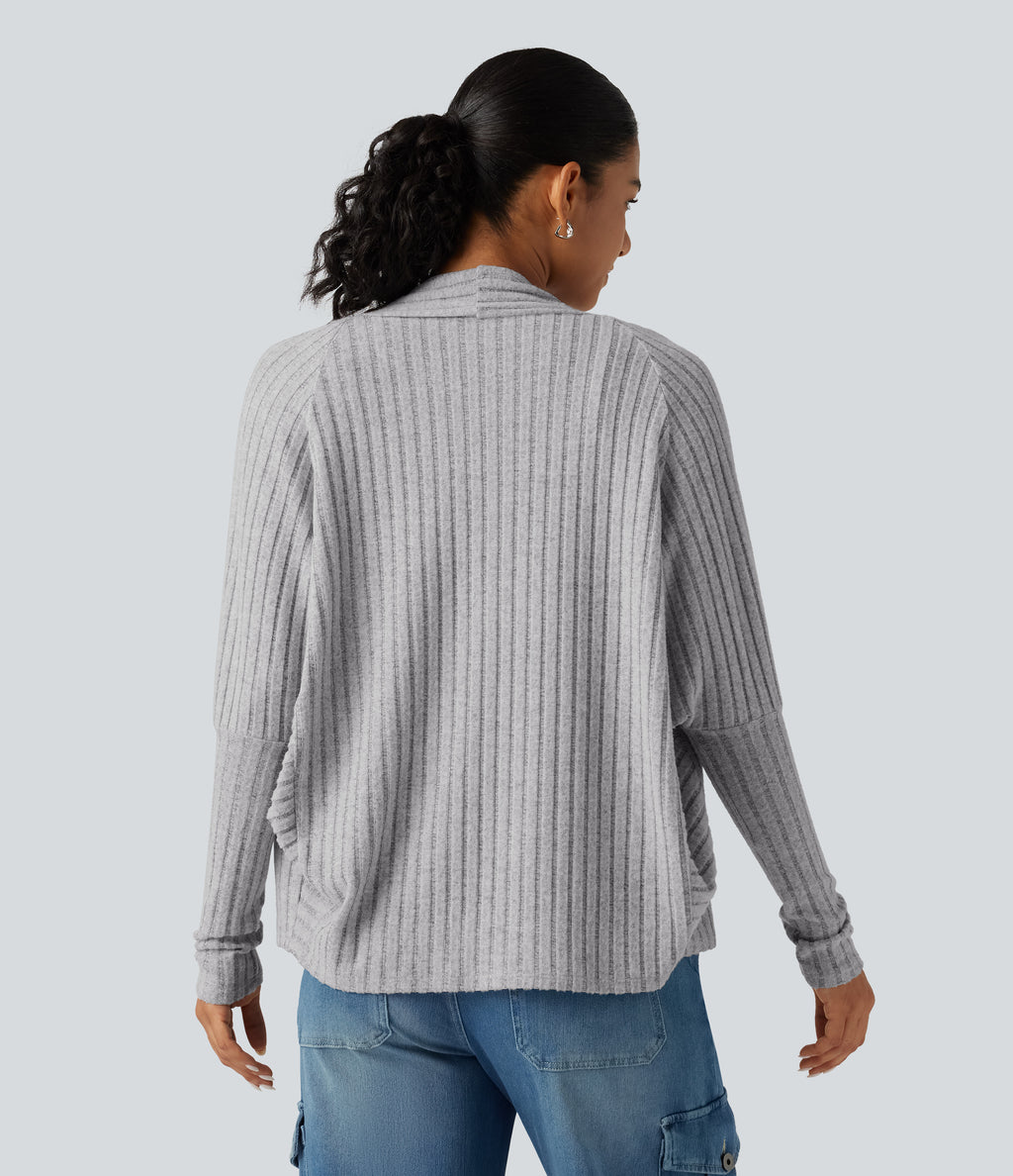 Ribbed Knit Open Front Batwing Long Sleeve Casual Cardigan — Frosted Slate — view 2