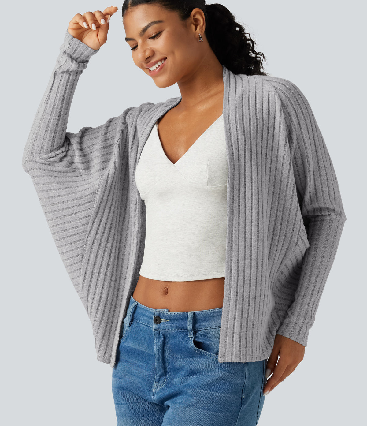 Ribbed Knit Open Front Batwing Long Sleeve Casual Cardigan — Frosted Slate — view 1