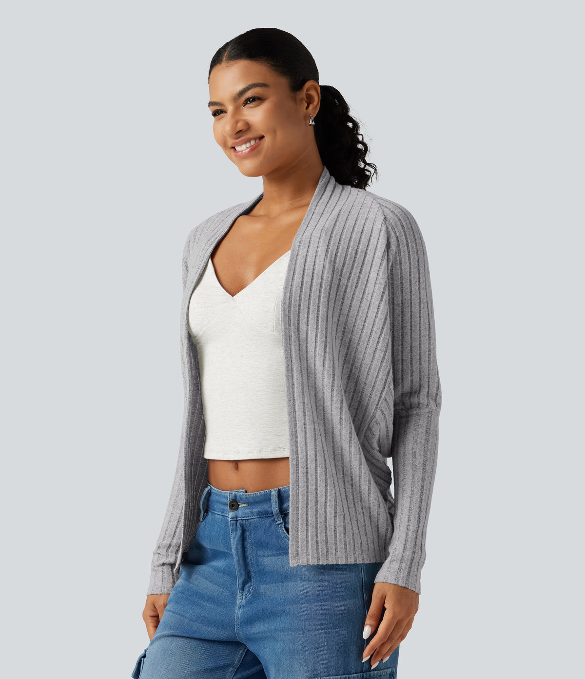 Ribbed Knit Open Front Batwing Long Sleeve Casual Cardigan — Frosted Slate — view 4