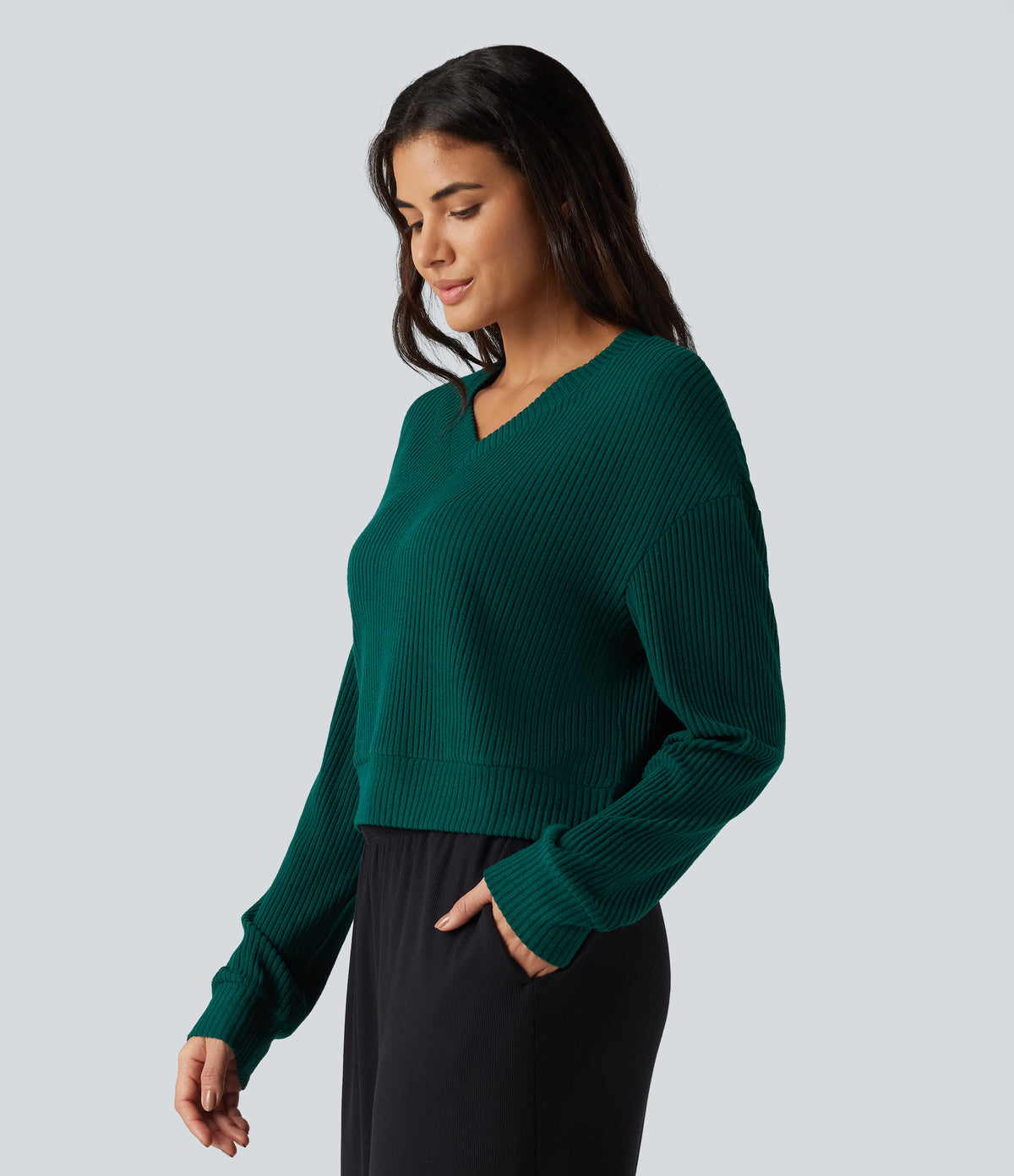Ribbed Knit V Neck Dropped Shoulder Long Sleeve Boxy Cropped Lounge Top — Crisp Pine — view 3