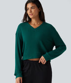 Ribbed Knit V Neck Dropped Shoulder Long Sleeve Boxy Cropped Lounge Top — Crisp Pine — view 1