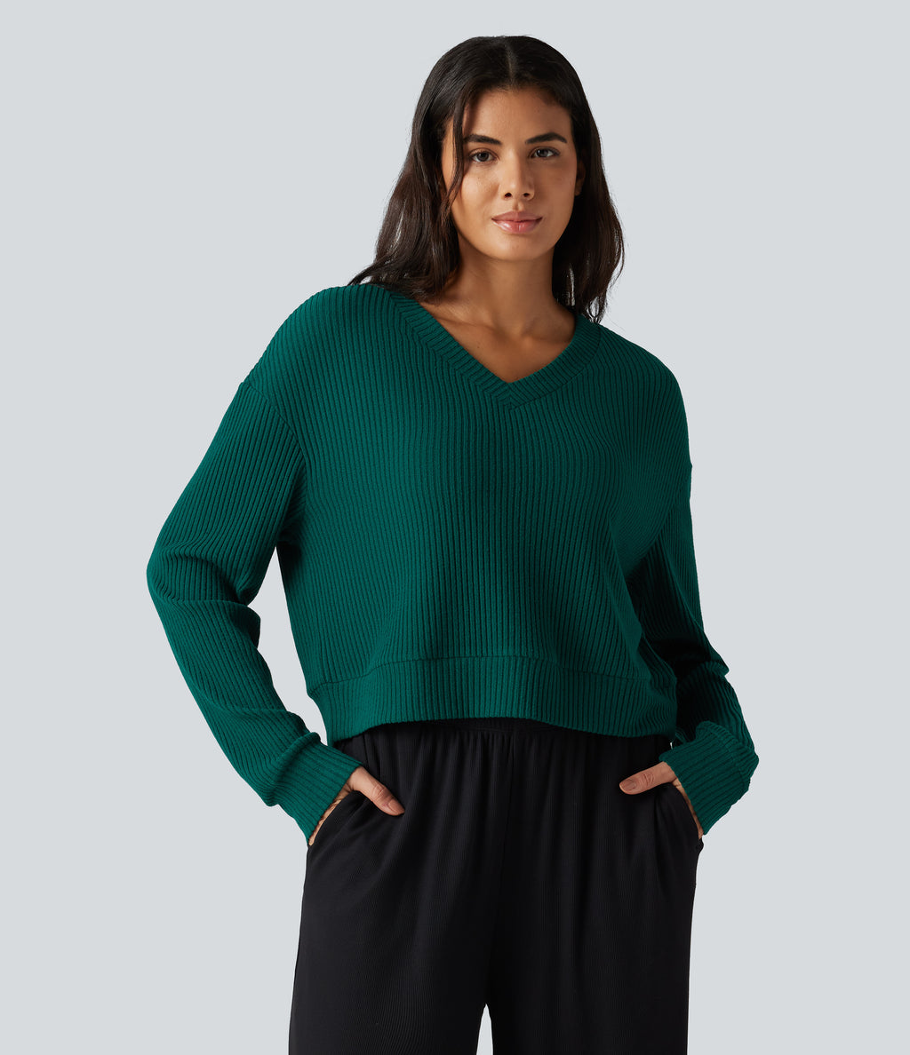 Ribbed Knit V Neck Dropped Shoulder Long Sleeve Boxy Cropped Lounge Top — Crisp Pine — view 4