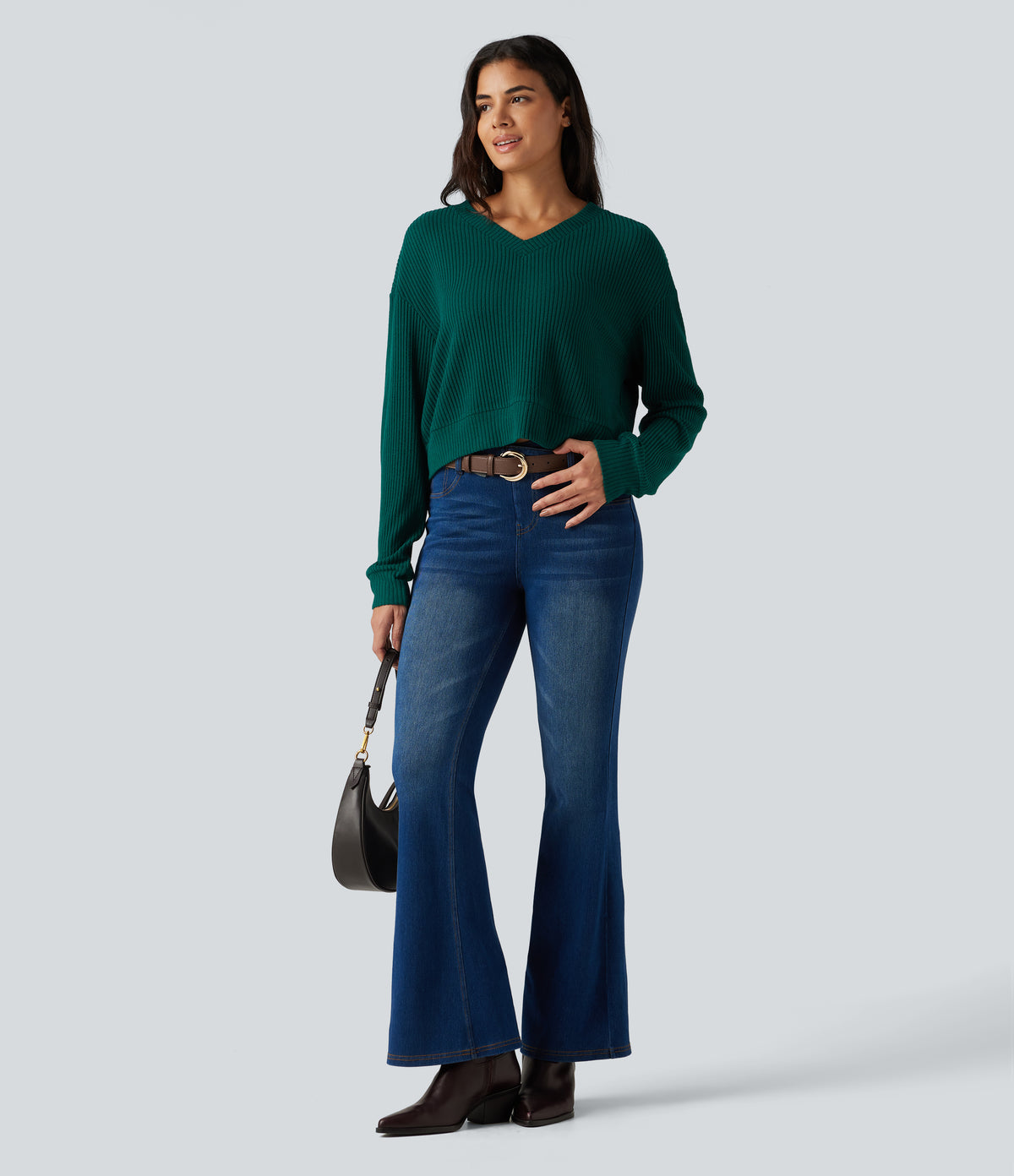 Ribbed Knit V Neck Dropped Shoulder Long Sleeve Boxy Cropped Lounge Top — Crisp Pine — view 7