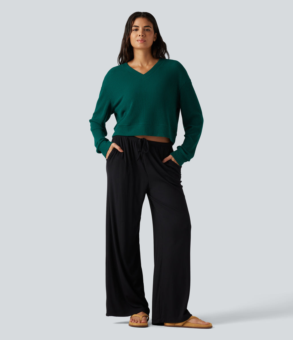 Ribbed Knit V Neck Dropped Shoulder Long Sleeve Boxy Cropped Lounge Top — Crisp Pine — view 5