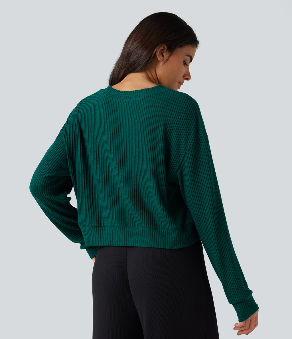 Ribbed Knit V Neck Dropped Shoulder Long Sleeve Boxy Cropped Lounge Top — Crisp Pine — view 2