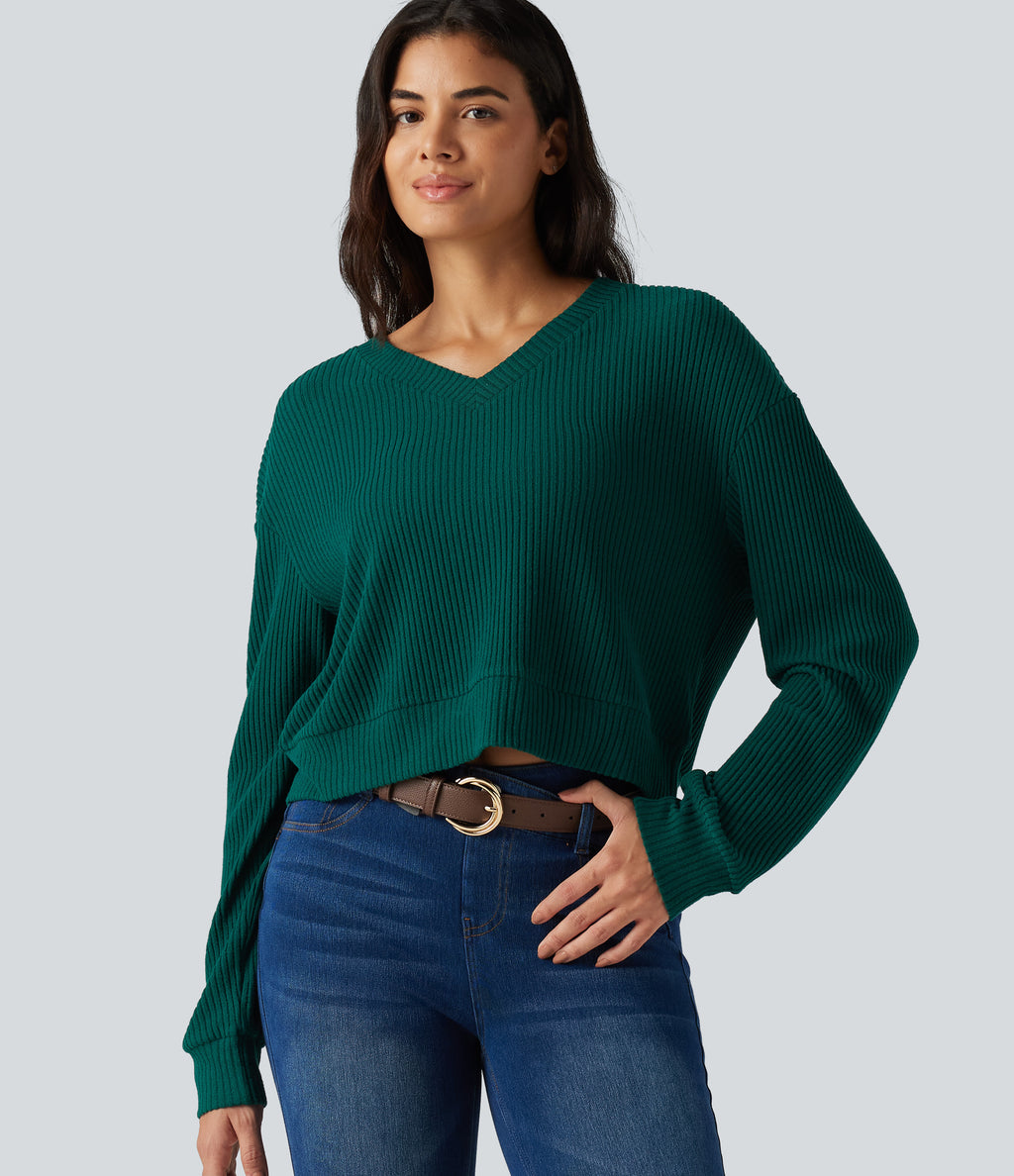 Ribbed Knit V Neck Dropped Shoulder Long Sleeve Boxy Cropped Lounge Top — Crisp Pine — view 6