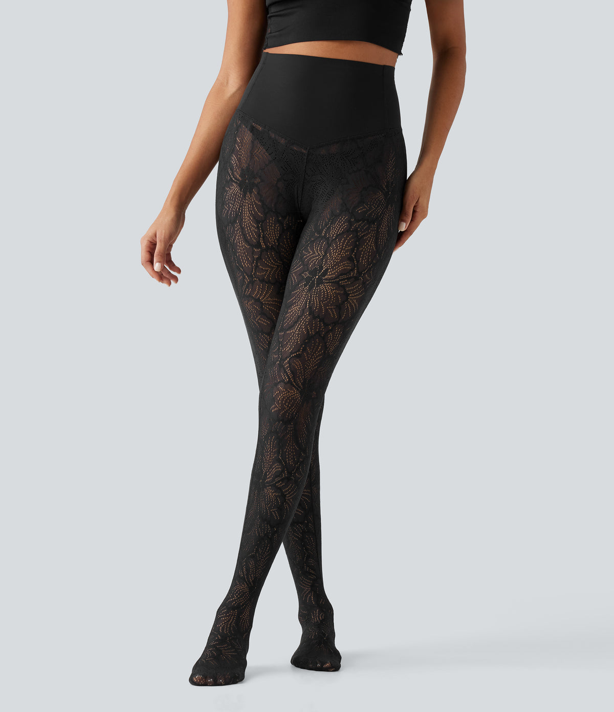 High Waisted Tummy Control Contrast Lace Casual Leggings — Black — view 2