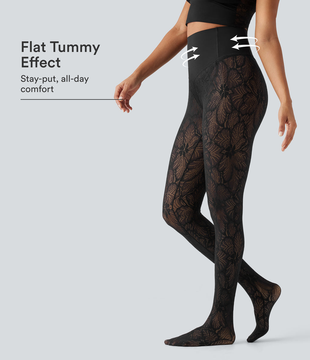 High Waisted Tummy Control Contrast Lace Casual Leggings — Black — view 1