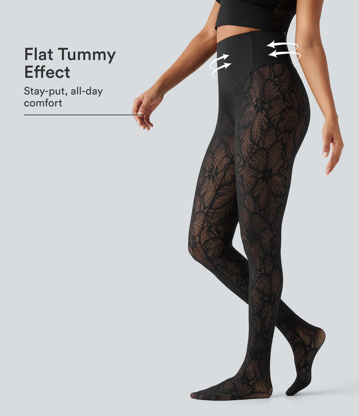 High Waisted Tummy Control Contrast Lace Casual Leggings — Black — view 1