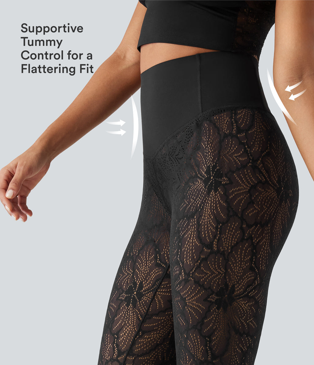 High Waisted Tummy Control Contrast Lace Casual Leggings — Black — view 5