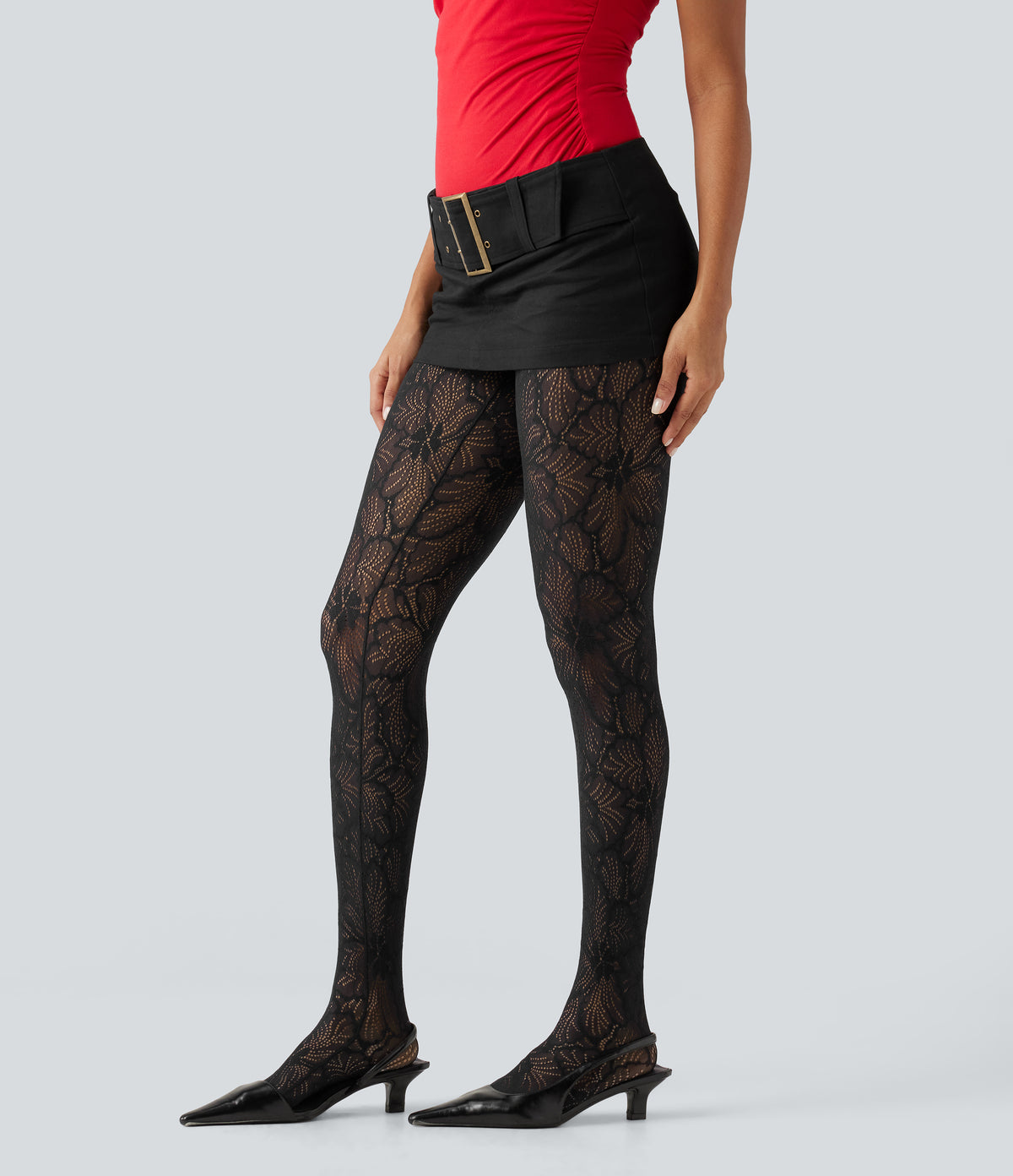 High Waisted Tummy Control Contrast Lace Casual Leggings — Black — view 7