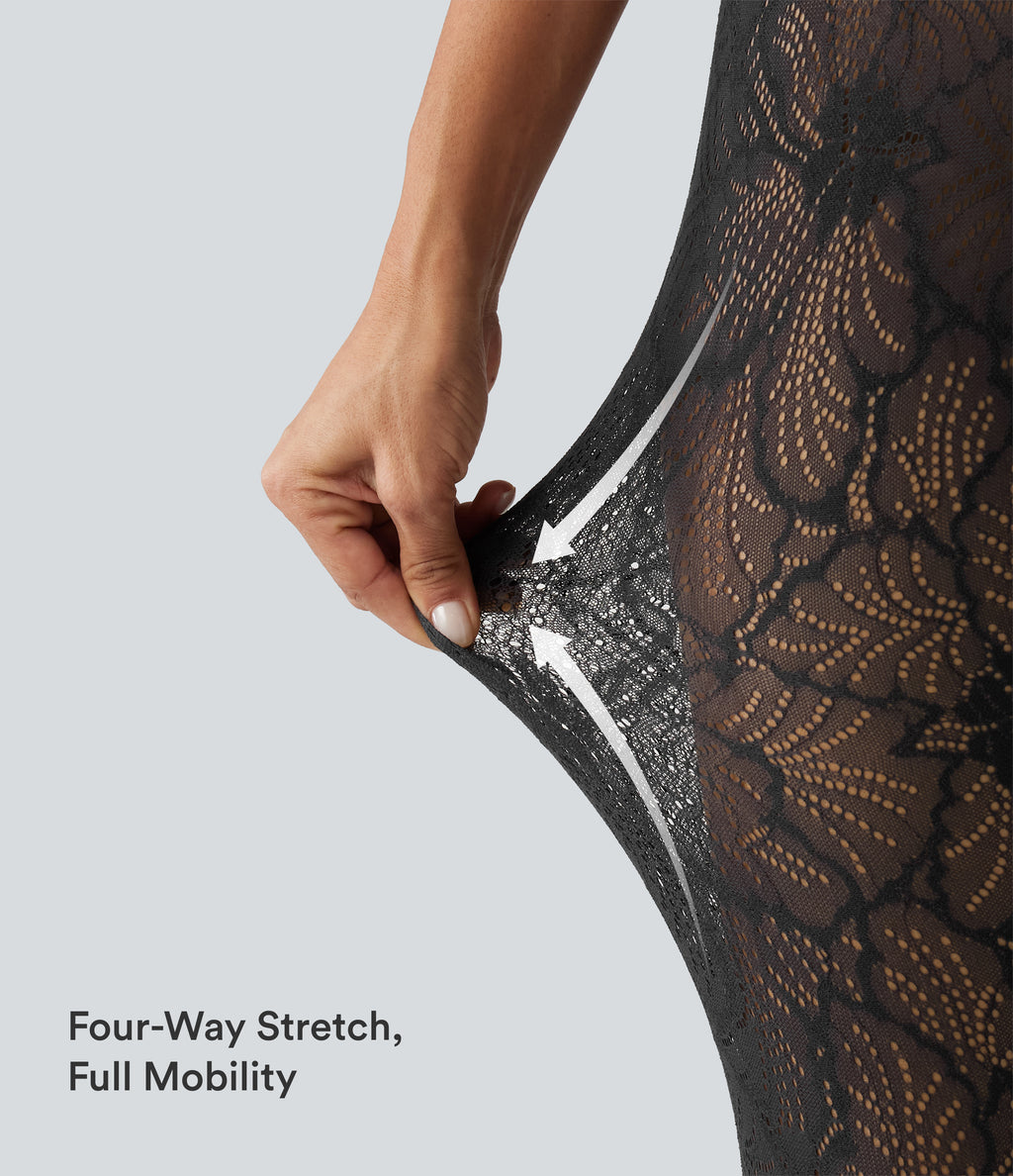 High Waisted Tummy Control Contrast Lace Casual Leggings — Black — view 6