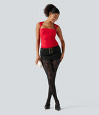 High Waisted Tummy Control Contrast Lace Casual Leggings — Black — view 4