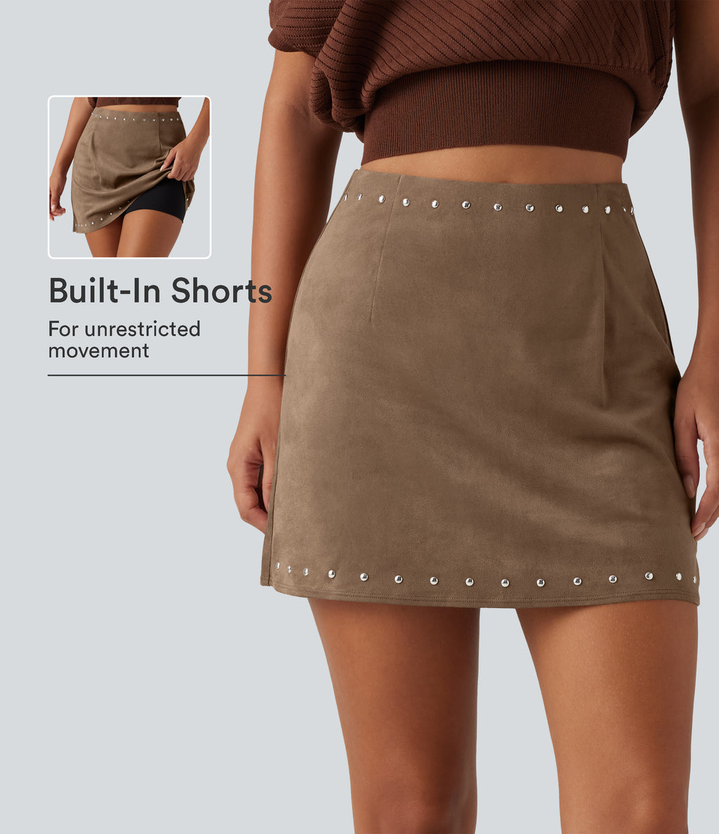 High Waisted 2-in-1 A Line Mini Suede Party Skirt — Coca Mocha — view 1