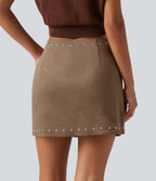 High Waisted 2-in-1 A Line Mini Suede Party Skirt — Coca Mocha — view 2