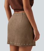 High Waisted 2-in-1 A Line Mini Suede Party Skirt — Coca Mocha — view 5