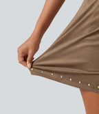 High Waisted 2-in-1 A Line Mini Suede Party Skirt — Coca Mocha — view 7