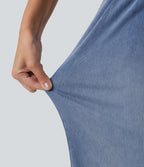 High Waisted Wide Leg Casual Jeans with Pockets — Powder Blue Denim — view 7