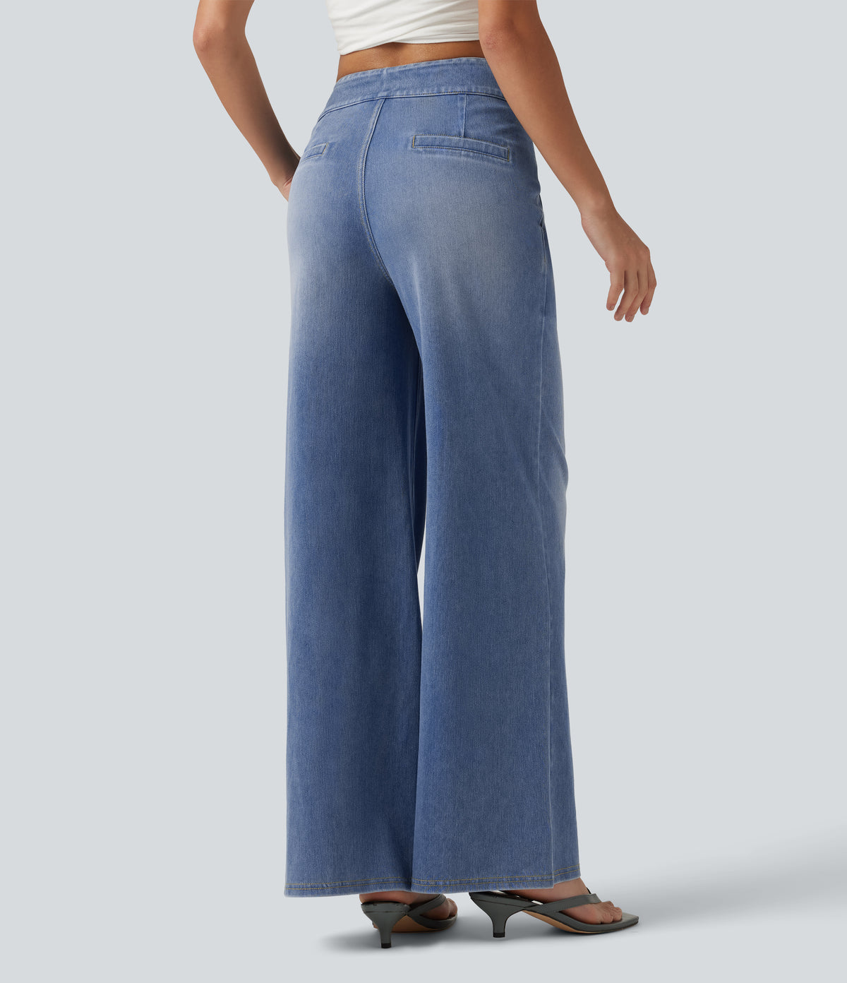 High Waisted Wide Leg Casual Jeans with Pockets — Powder Blue Denim — view 2