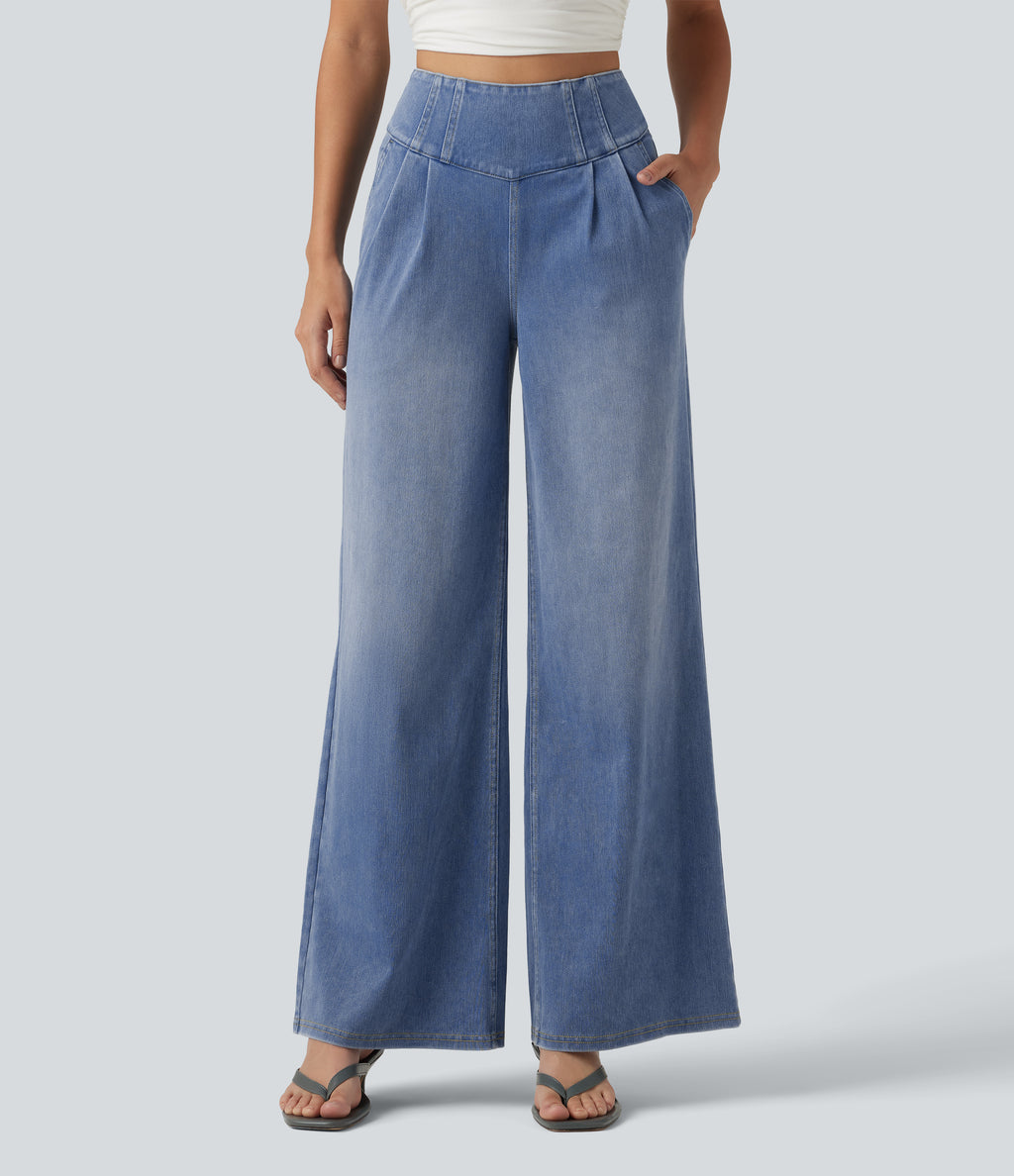 High Waisted Wide Leg Casual Jeans with Pockets — Powder Blue Denim — view 4