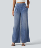 High Waisted Wide Leg Casual Jeans with Pockets — Powder Blue Denim — view 4