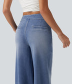 High Waisted Wide Leg Casual Jeans with Pockets — Powder Blue Denim — view 5