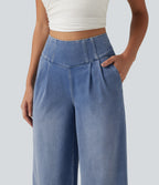 High Waisted Wide Leg Casual Jeans with Pockets — Powder Blue Denim — view 6