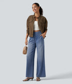 High Waisted Wide Leg Casual Jeans with Pockets — Powder Blue Denim — view 8