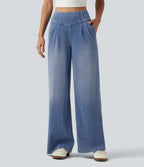 High Waisted Wide Leg Casual Jeans with Pockets — Powder Blue Denim — view 1