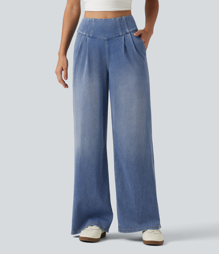 High Waisted Wide Leg Casual Jeans with Pockets — Powder Blue Denim — view 1