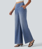High Waisted Wide Leg Casual Jeans with Pockets — Powder Blue Denim — view 3