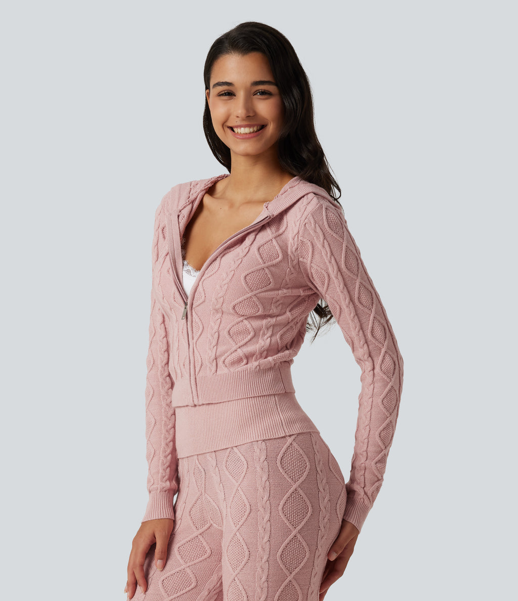 Hooded Long Sleeve Lounge Cardigan — Peachskin — view 3