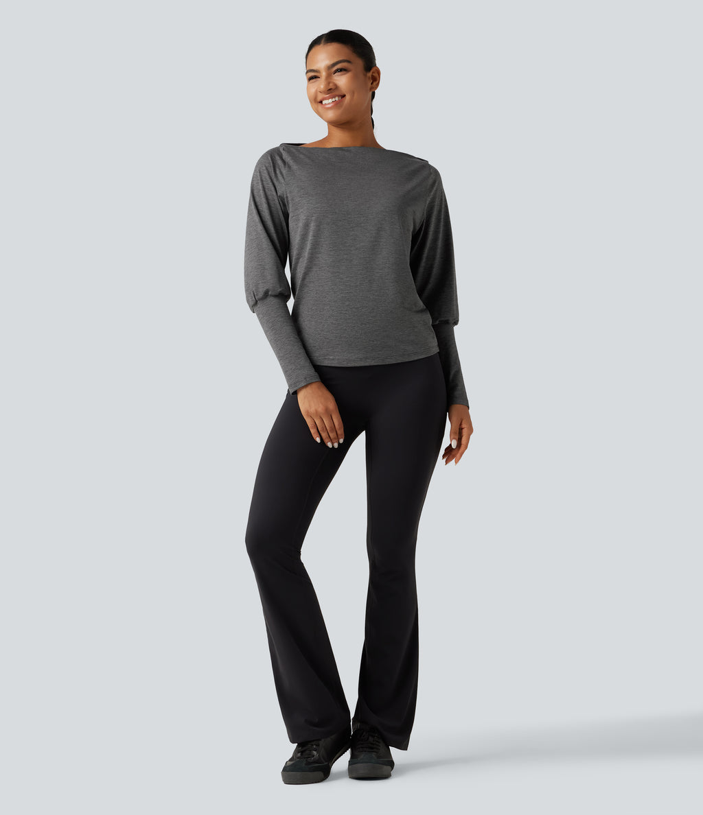 Boat Neck Long Sleeve Quick Dry Yoga Sports Top — Mottled Grey — view 7