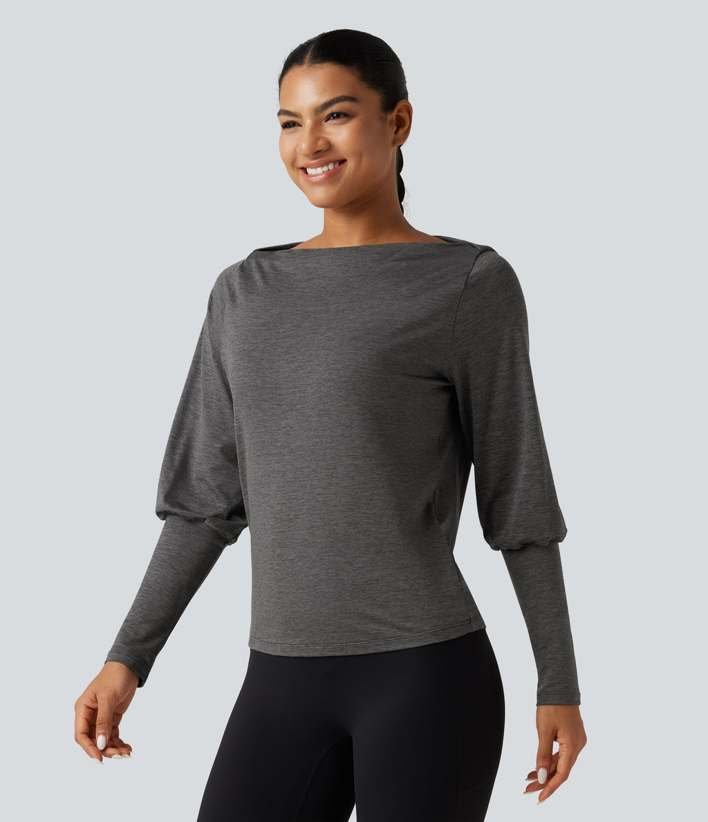Boat Neck Long Sleeve Quick Dry Yoga Sports Top — Mottled Grey — view 3
